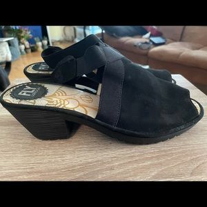 FLY London black suede Wato heeled sandals size 40